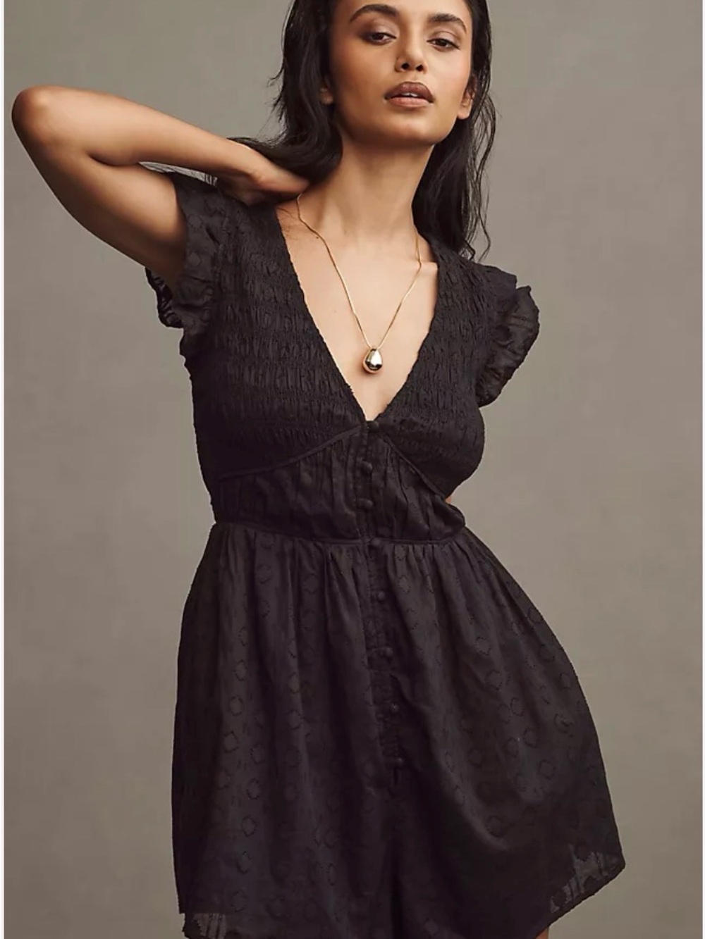 Anthropologie Black Textured V-Neck Mini Dress